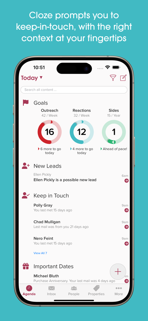 A mobile interface of the Cloze app showing a daily agenda with outreach goals new leads and relationship follow up reminders