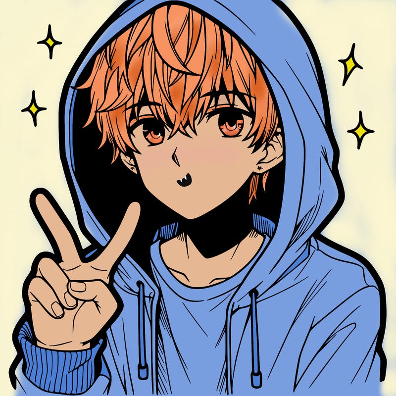 teenage manga boy in a hoodie, doing ✌