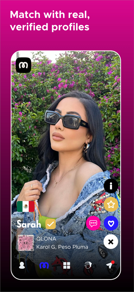 Mi Gente - Latino Dating - User profile interface on Mi Gente app showing a verified account with a Mexican flag icon.