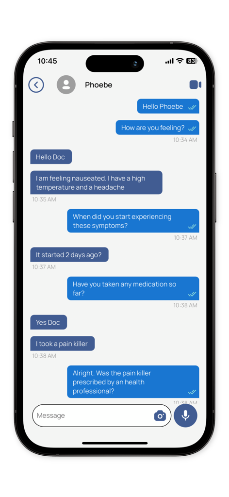 My.Doctor - Eine sichere Chat-Oberfläche in der My.Doctor-App, die eine medizinische Fernberatung zwischen einem Arzt und einem Patienten zeigt.