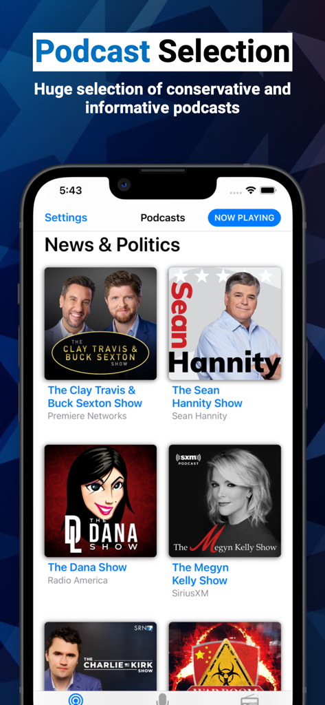 A mobile app screen showing a variety of popular conservative talk radio podcasts and news shows
