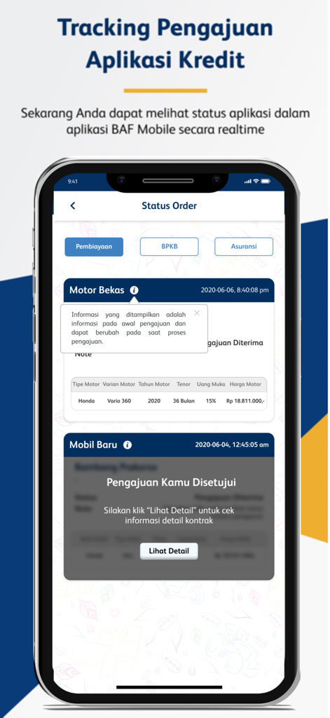A smartphone showing the BAF Mobile app interface for tracking credit application status with a notification of approval