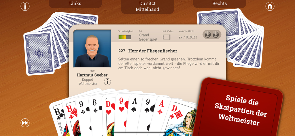 Skat - Pantalla de juego de la aplicación Skat con una partida de cartas contra un oponente de computadora modelado a partir de un campeón mundial.