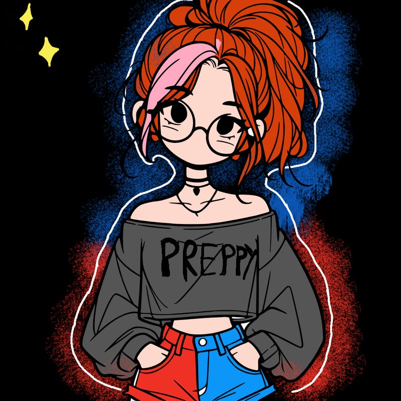 girl with a messy ponytail glasses a baggy crop top and jean shorts