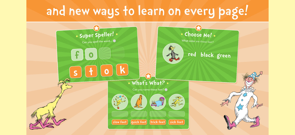 Dr Seuss The Foot Book app learning activities including spelling and vocabulary games
