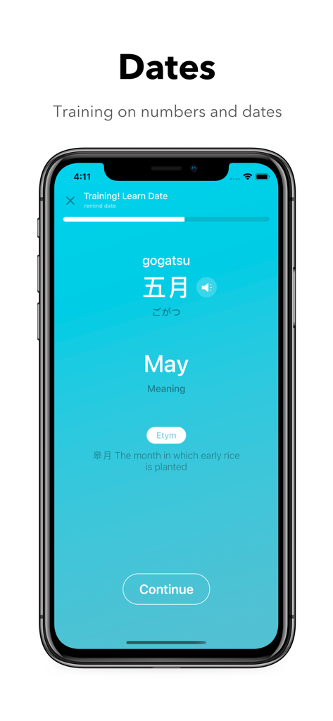 Interface of Kana Origin app showing a training session for learning Japanese dates and months.
