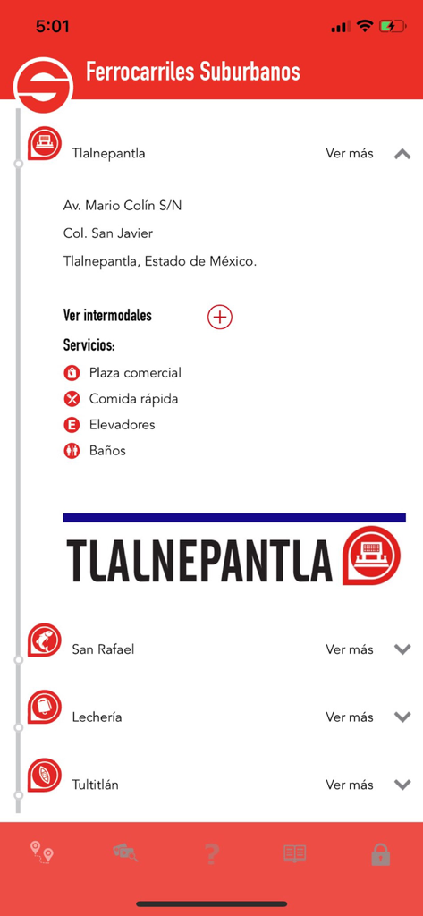 Mi Suburbano - Screenshot of the Mi Suburbano app showing station details and services for Tlalnepantla station including address and available amenities