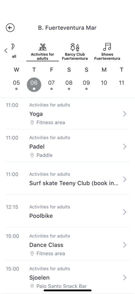 Barceló Hotel Group - Agenda diária de atividades do resort para adultos, incluindo aulas de yoga e dança no aplicativo Barcelo Hotel Group