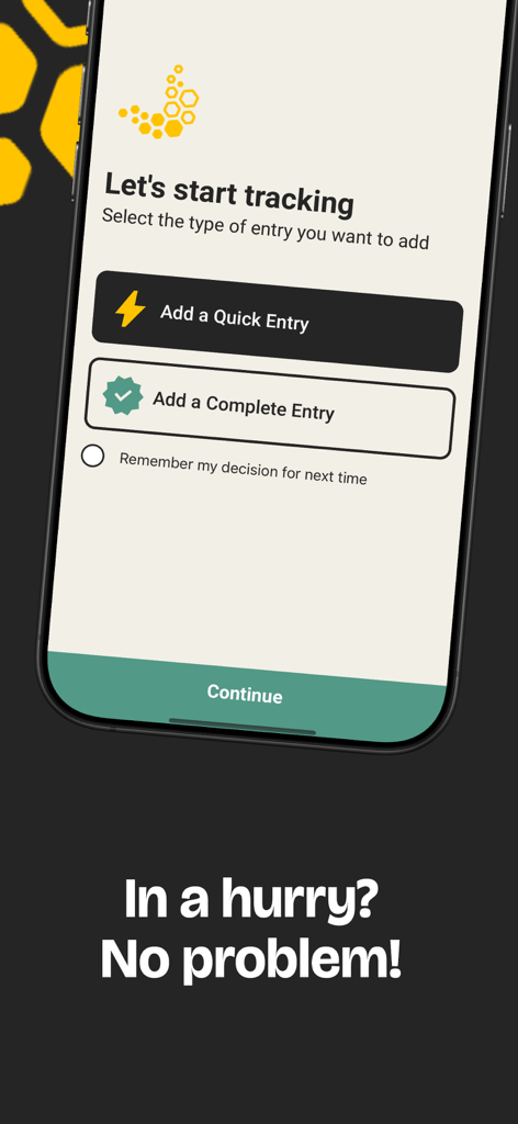 Interface of the Stomach Ache Tracker app showing options for a quick or complete symptom entry