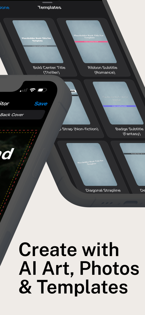 Book Cover Maker: BookFrame AI - Selección de plantillas de portadas de libros para diferentes géneros en la interfaz de la aplicación BookFrame AI