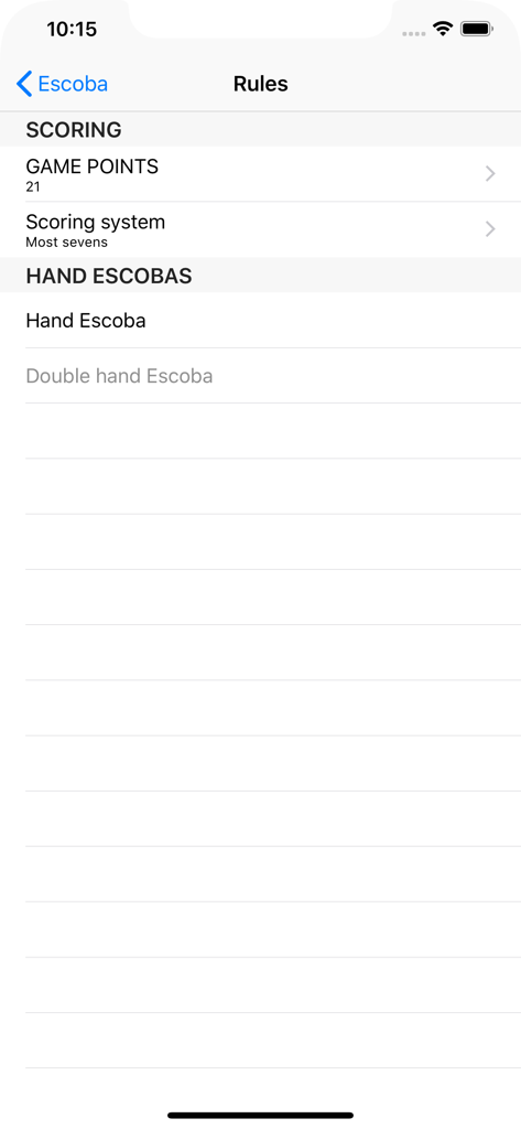 Pantalla de la aplicación iEscoba para personalizar las reglas del juego y la puntuación.