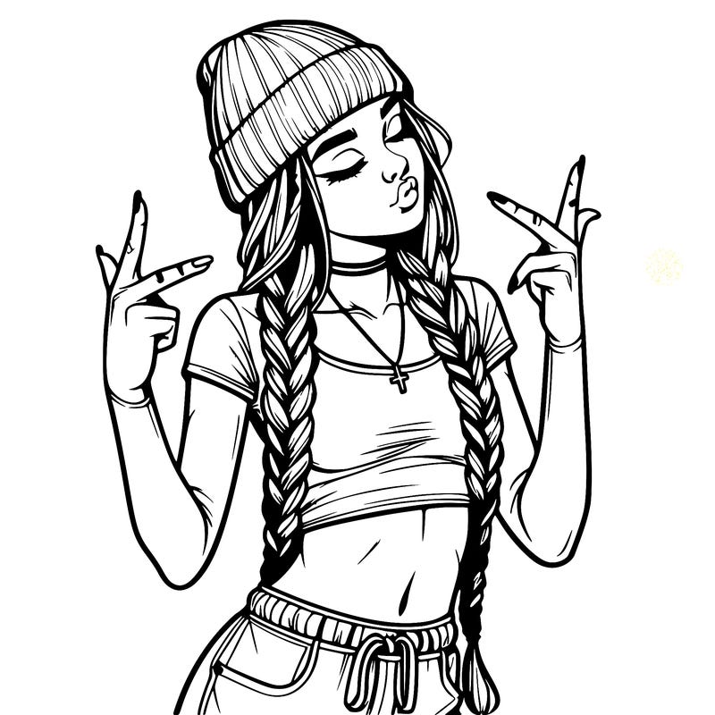 realistic teenage girl with braids and a beanie and crop top doing 🫶🏼