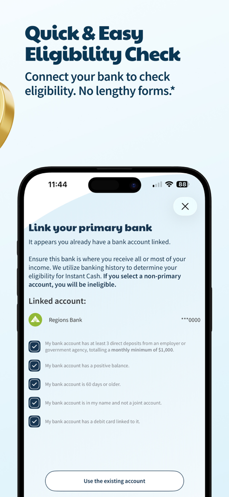 ATM Cash Advance・Instant Money - ATM app screen showing the bank linking process and eligibility requirements for an instant cash advance
