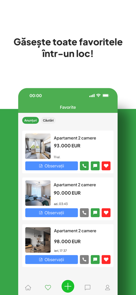 A list of saved real estate listings in the homeZZ property app for Romanian apartments