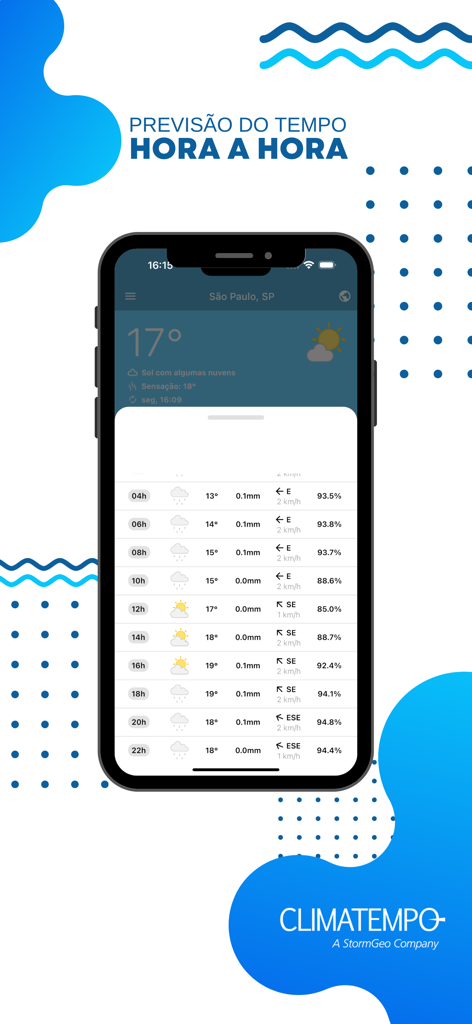 Interfaz de la aplicación Climatempo mostrando la previsión meteorológica horaria para Sao Paulo