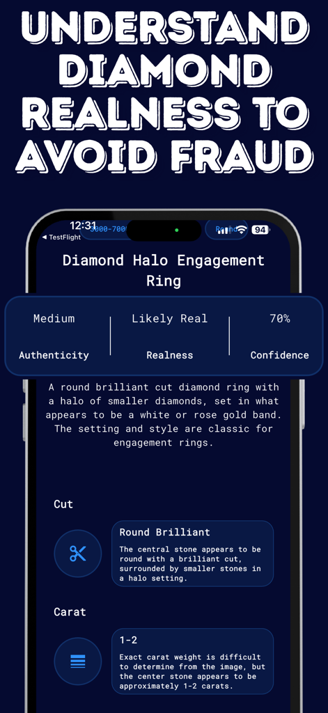 Diamond Tester & Scanner - Screenshot of the Diamond Tester app showing realness and authenticity analysis for a halo engagement ring