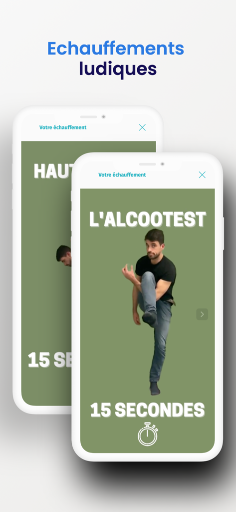 Recov'up - Interface do aplicativo Recovup mostrando um homem realizando um exercício de despertar muscular gamificado com um cronômetro de 15 segundos