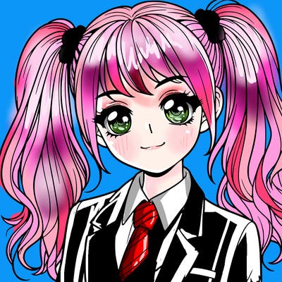 realistic girl with two ponytails and a suit on