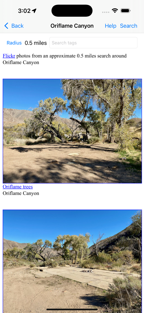 Boondocking app displaying photos of Oriflame Canyon for camping site preview.