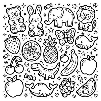 Spark your child's imagination with this adorable coloring page packed with various gummy candy shapes. Kids will love bringing to life their favorite sweet treats, from cute animals to yummy fruits.