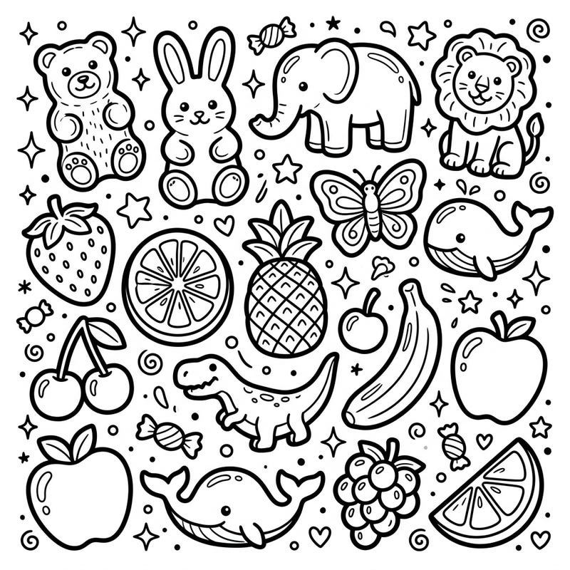Spark your child's imagination with this adorable coloring page packed with various gummy candy shapes. Kids will love bringing to life their favorite sweet treats, from cute animals to yummy fruits.