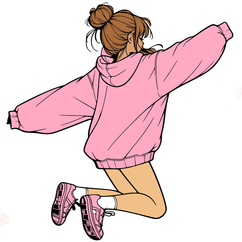 realistic girl jumping with a bun and oversized sweatshirt