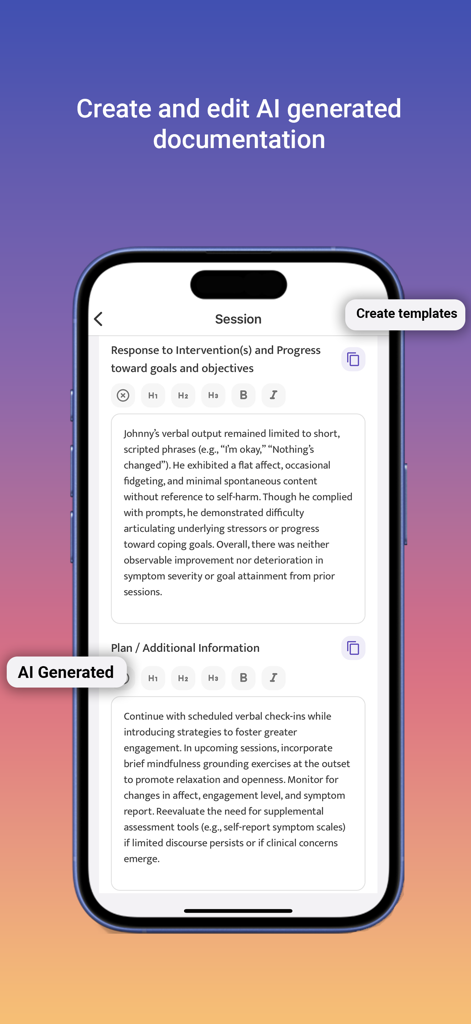 Smartphone screen showing AI generated clinical documentation and progress notes within the Clinical Notes AI mobile app