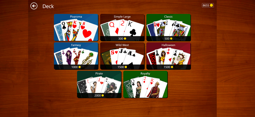 A menu showing various themed card deck options in the Cribbage JD mobile app