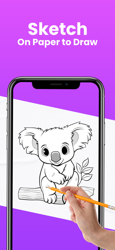 AR Draw Sketch Paint Trace - A smartphone screen showing a koala sketch being traced onto paper with a yellow pencil