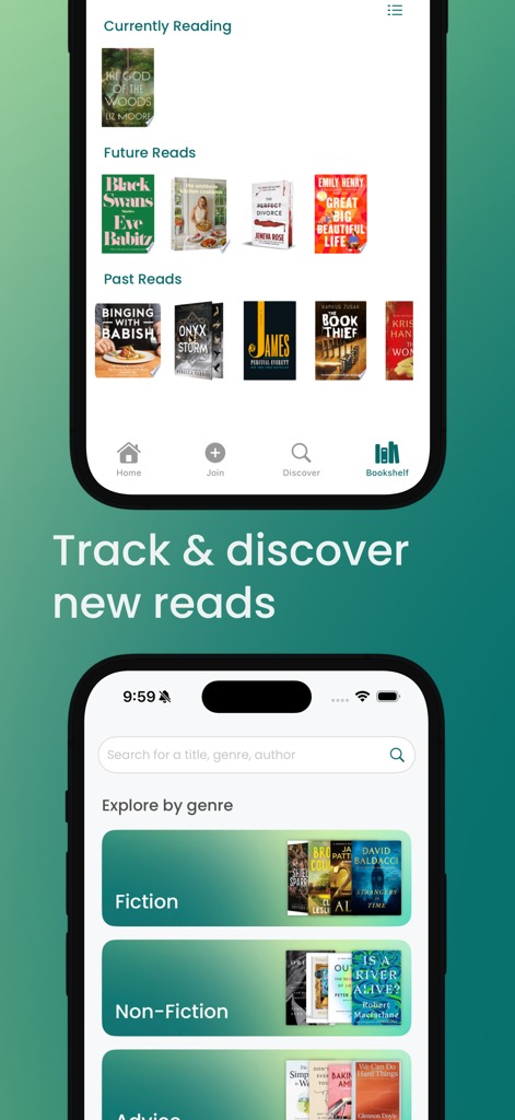 Storyline – Book Club App - Interface do aplicativo Storyline exibindo estante pessoal e descoberta de livros por gênero