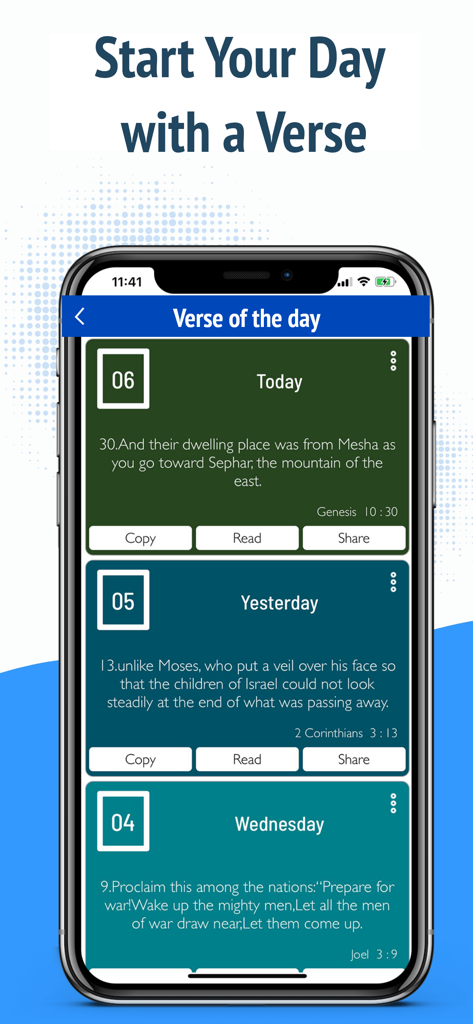 NASB Bible - NAS Holy Version - NASB聖書アプリのインターフェース。毎日の読書のための聖句テキストが表示された今日の聖句画面を表示しています。