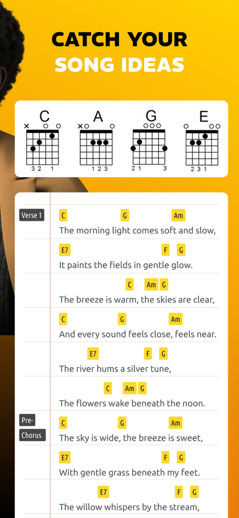 Song Writer AI,Lyric Generator - Interface of Song Writer AI showing lyrics with guitar chord diagrams and structural tags like Verse and Pre Chorus