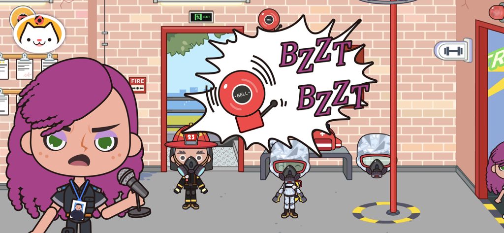 A character holding a microphone in a fire station while a red alarm bell rings with buzzing sound effects.