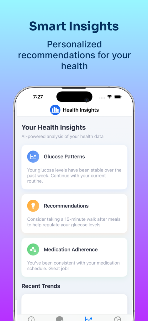 Glu AI: Smart Glucose Tracker - Glu AI app health insights screen showing personalized glucose patterns and lifestyle recommendations