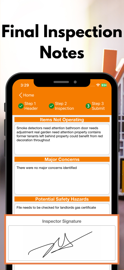 Final inspection notes screen with inspector digital signature