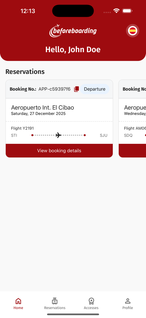 BeforeBoarding - Pantalla de inicio de la aplicación BeforeBoarding mostrando reservas de vuelos y detalles de reserva de salas VIP de aeropuerto