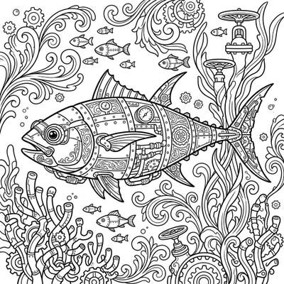 Unleash your creativity with this magnificent Steampunk Thunnosaurus coloring page. Featuring a powerful Jurassic ichthyosaur intricately designed with gears, rivets, and Victorian fantasy elements, set against a rich underwater scene.