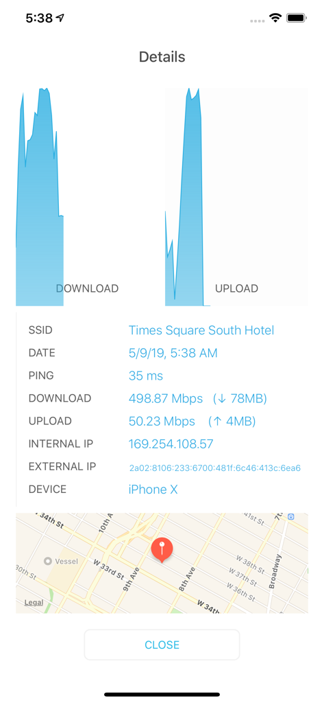 Un report dettagliato di un test di velocità di Internet che mostra grafici di velocità di download e upload, latenza di ping e una posizione sulla mappa.