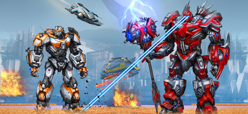 Super Robot Transform Games 3D - Two giant combat robots in a futuristic battle scene with lasers and explosions