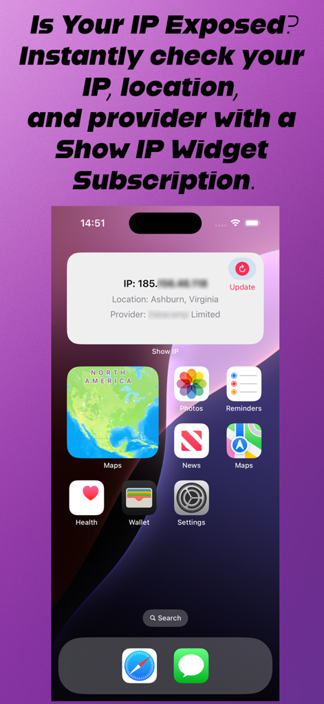 Show IP Widget - iPhone home screen with the Show IP Widget displaying network and location data