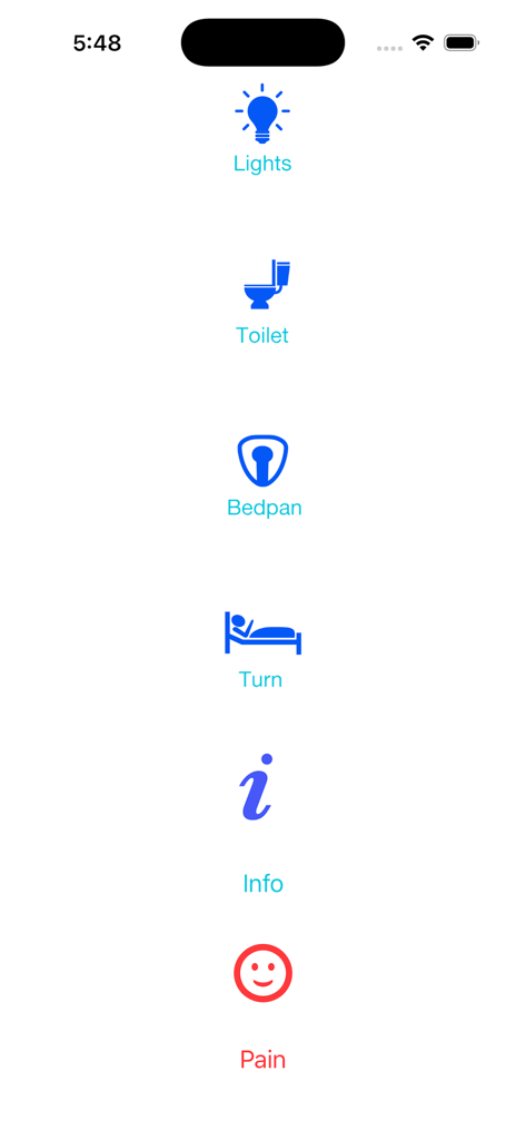 Mobile app interface of Picture Board showing simple icons for patient requests such as lights toilet bedpan and pain