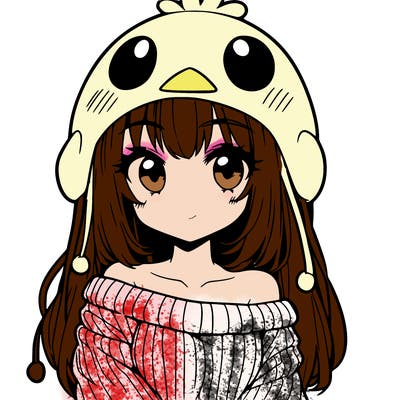 anime girl with chick shaped hat with sweater with bare shoulders with bangs covering them one eye with low tail