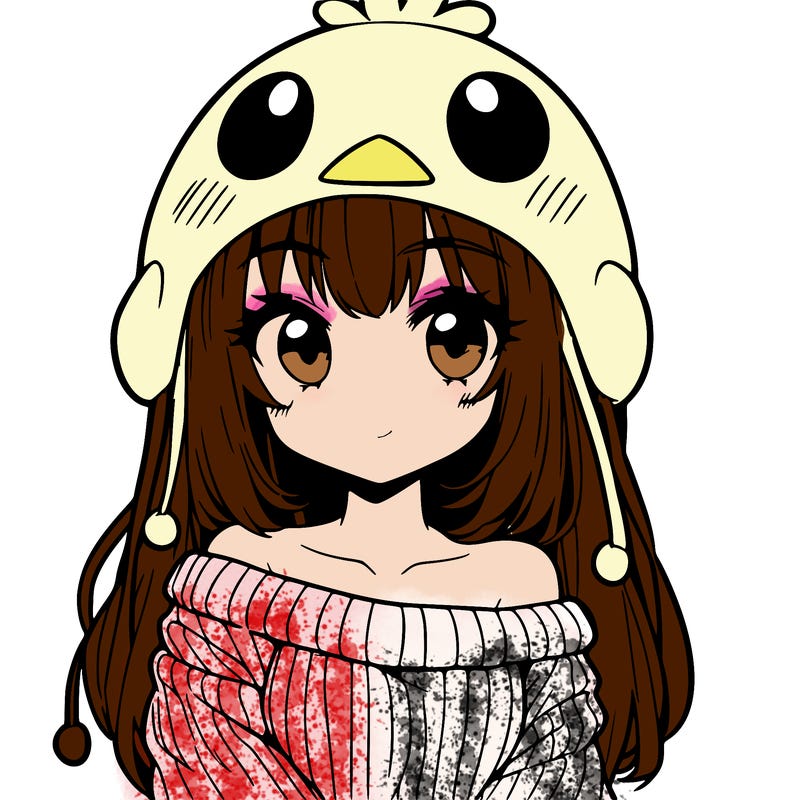 anime girl with chick shaped hat with sweater with bare shoulders with bangs covering them one eye with low tail