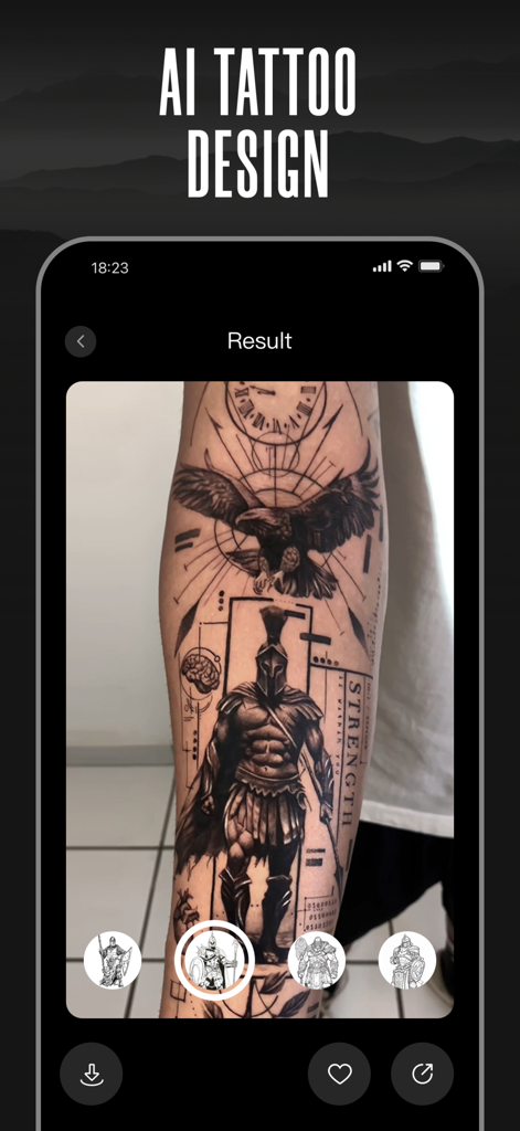 A mobile app interface displaying a virtual tattoo of a Spartan warrior and an eagle on a person's forearm.