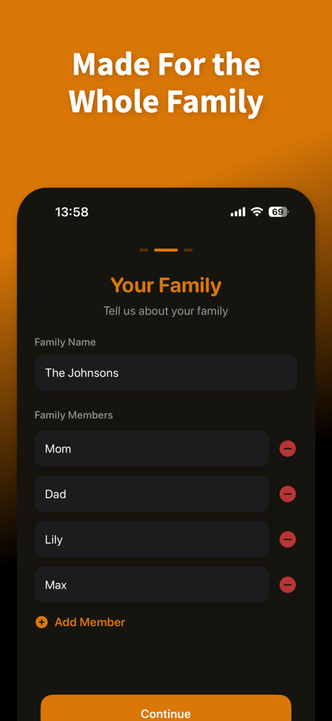 Amber - Cards for Families - Amber app interface for entering a family name and adding family members like Mom, Dad, Lily, and Max.