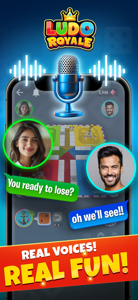 Ludo Royale: Dice Board Game - Pantalla de juego de Ludo Royale destacando la función de chat de voz en tiempo real con avatares de jugadores y burbujas de diálogo.