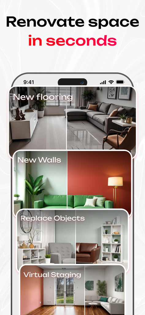 MY Home AI: Interior Design - Interfaz de la aplicación MY Home AI que muestra funciones como pisos nuevos, colores de pared, reemplazo de objetos y staging virtual.