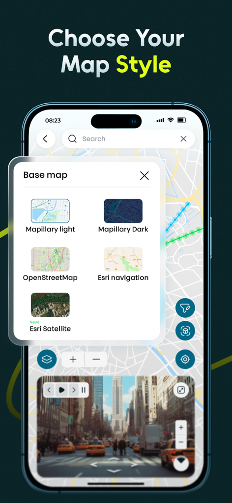 Live Earth Map: Street View - Interfaz de aplicación móvil que muestra diferentes opciones de estilo de mapa como satélite y vista de calle para la navegación