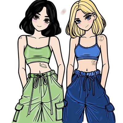 two girls with crop top with baggy pants