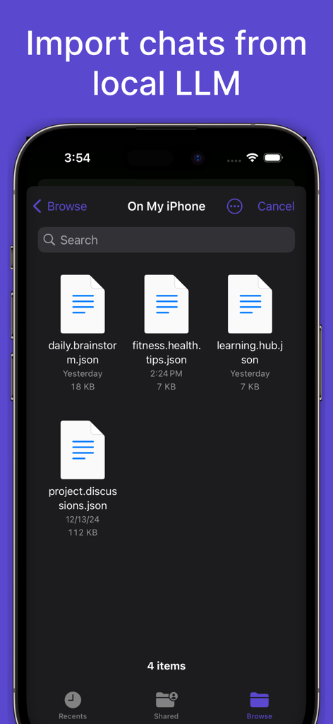 LLM Local Client - Interface of the LLM Local Client app on an iPhone showing a list of JSON chat files to import